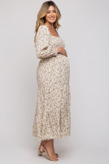 Cream Floral Smocked Long Sleeve Maternity Maxi Dress