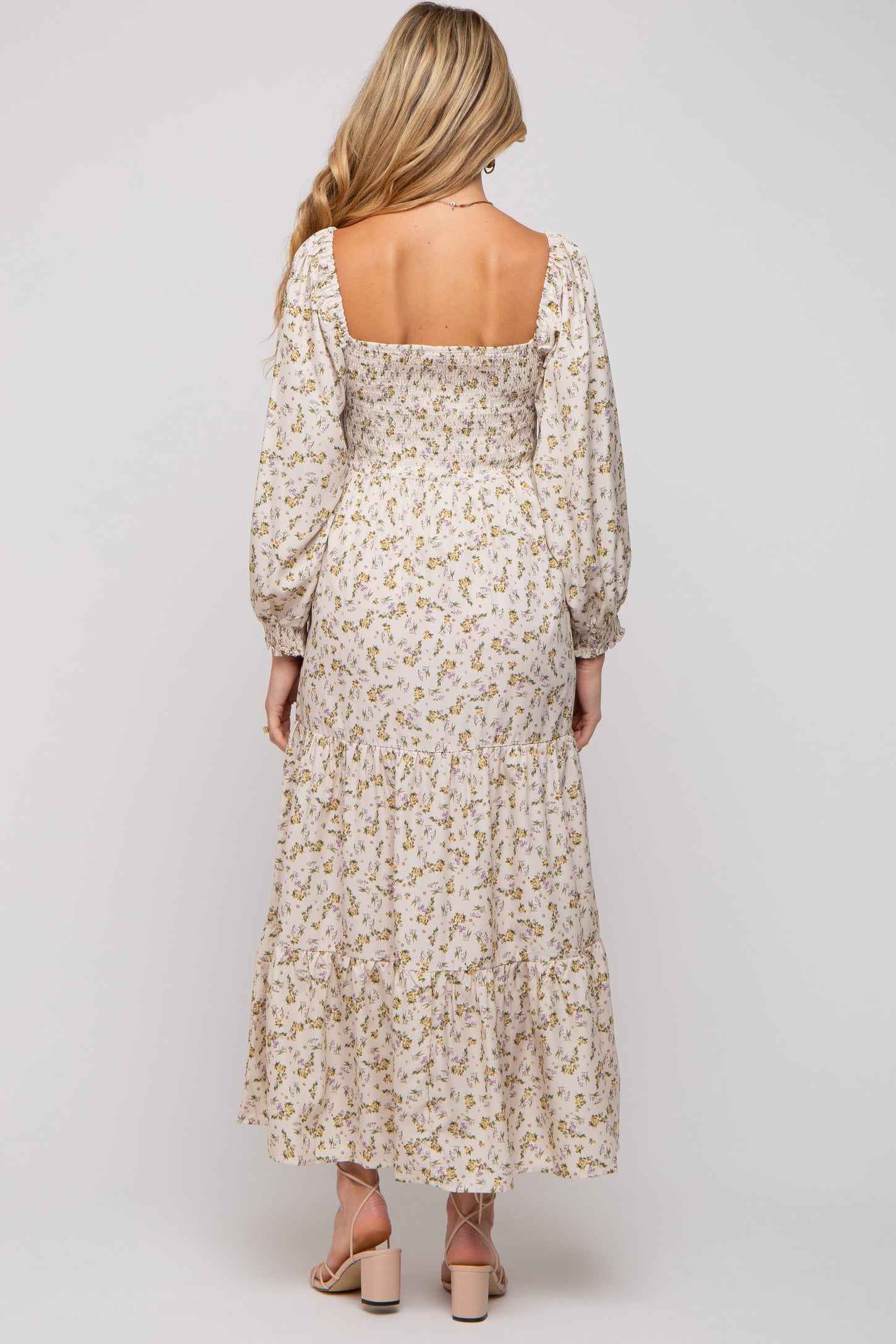ivory floral smocked maternity maxi dress Ivory Floral Smocked Maxi Dress