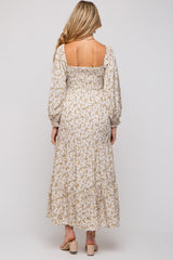 Cream Floral Smocked Long Sleeve Maternity Maxi Dress