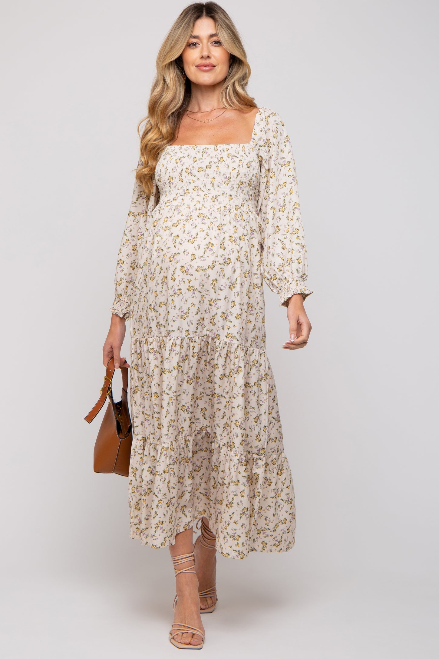 Pinkblush Cream Floral Smocked Long Sleeve Maternity Maxi Dress Pinkblush Cream Floral Smocked Long Sleeve Maternity Maxi Dress