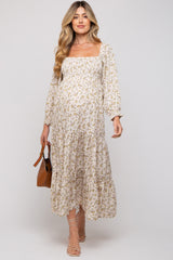 Cream Floral Smocked Long Sleeve Maternity Maxi Dress