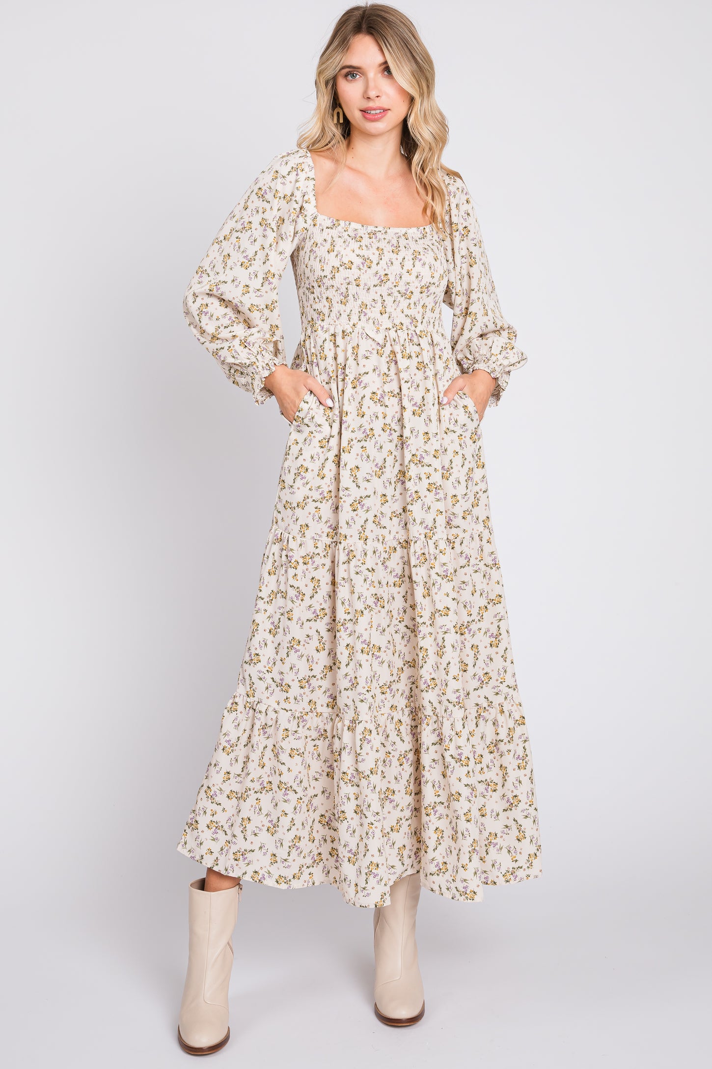 Cream Floral Smocked Long Sleeve Maxi Dress– PinkBlush
