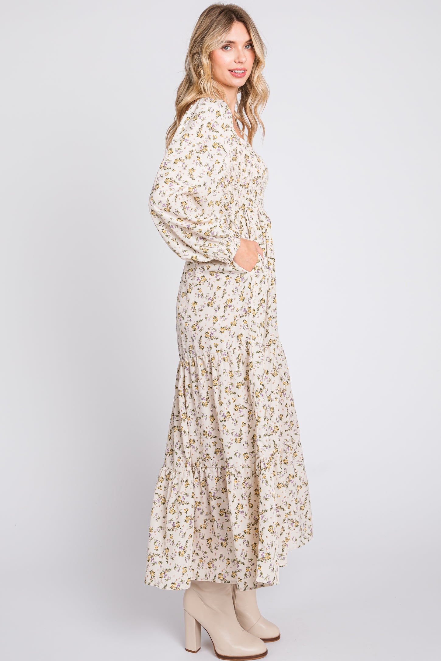 Cream Floral Smocked Long Sleeve Maxi Dress Cream Floral Smocked Long Sleeve Maxi Dress