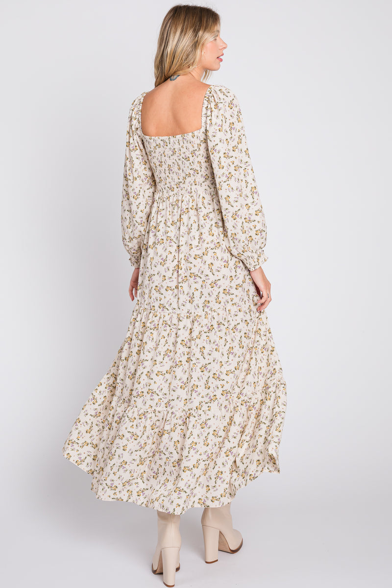 ivory floral smocked maternity maxi dress Cream Floral Smocked Long Sleeve Maxi Dress