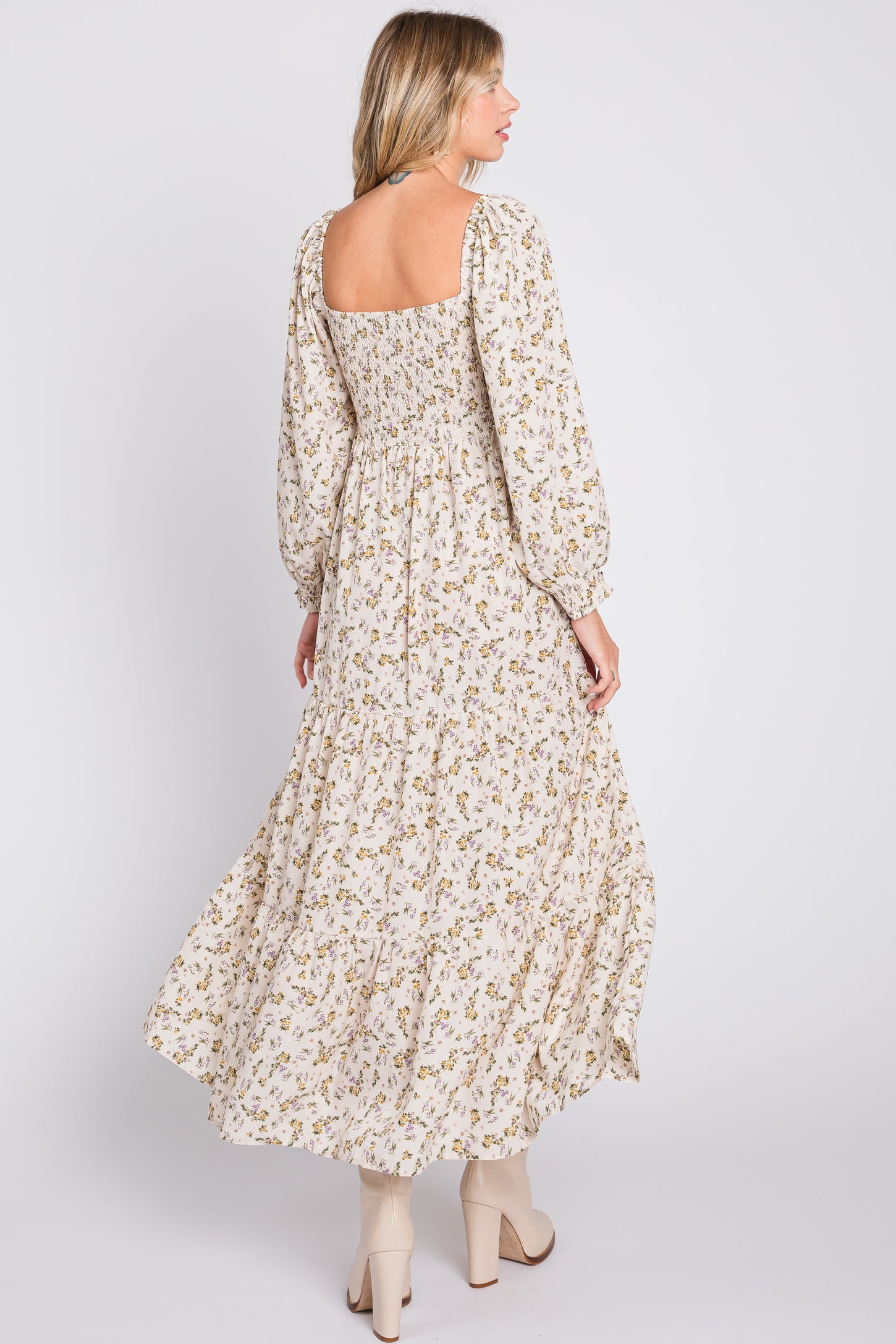 Cream Floral Smocked Long Sleeve Maxi Dress