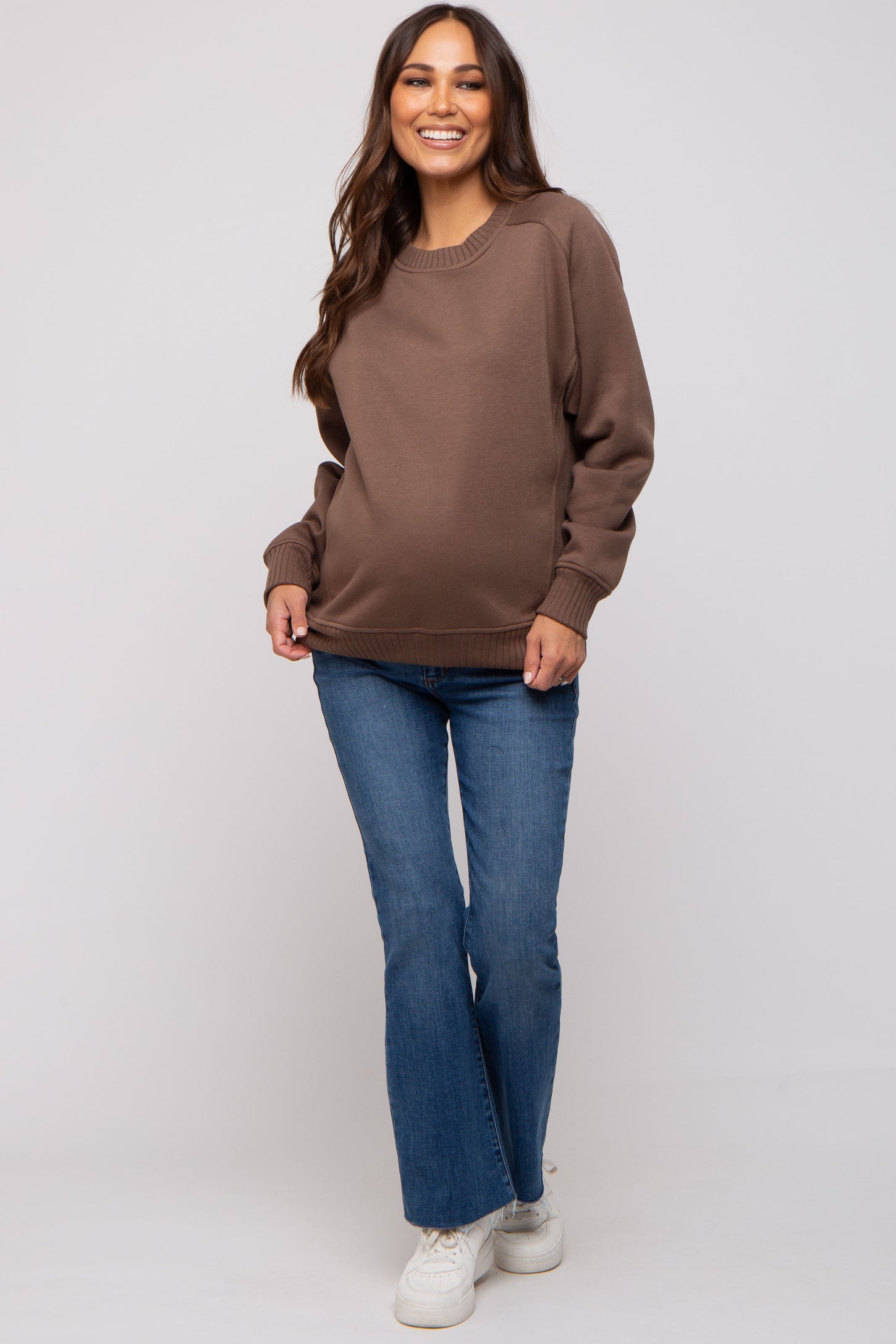Brown Pullover Maternity Terry Crewneck