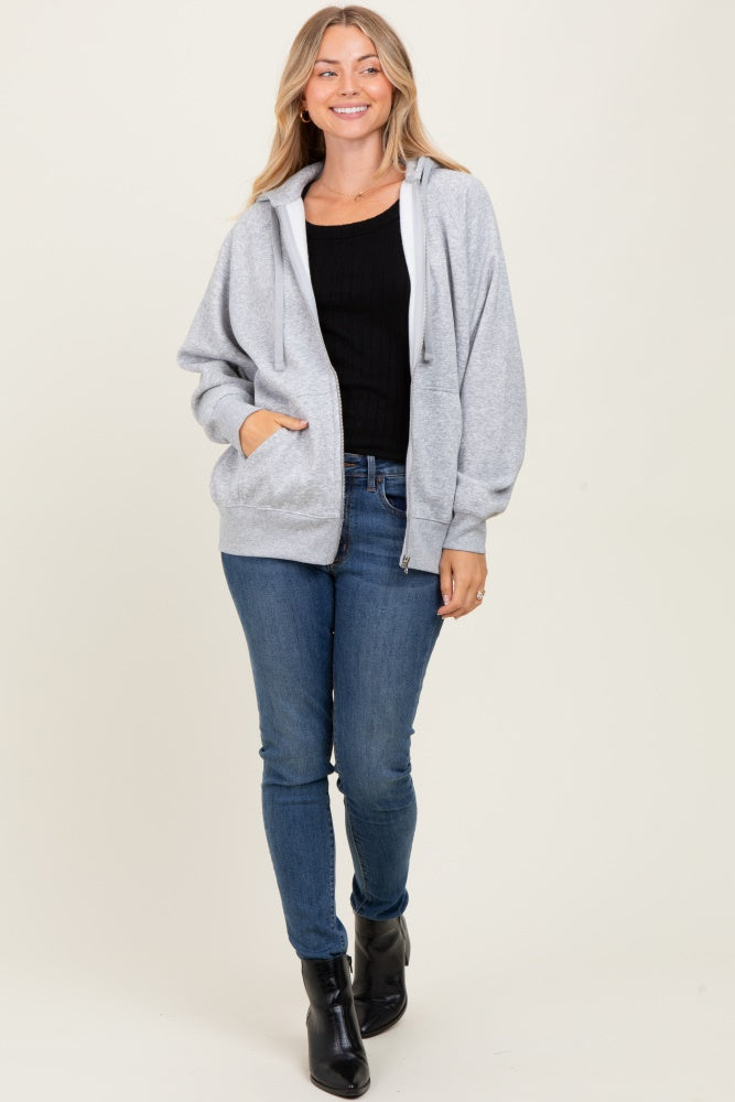 Heather Grey Front Zipper Hooded Sweater