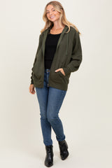 Olive Front Zipper Hooded Sweater