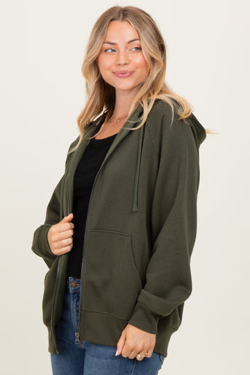 Olive Front Zipper Hooded Sweater