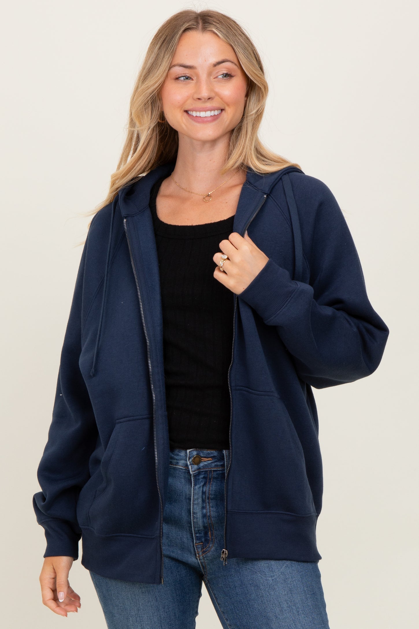 Navy Front Zipper Hooded Sweater