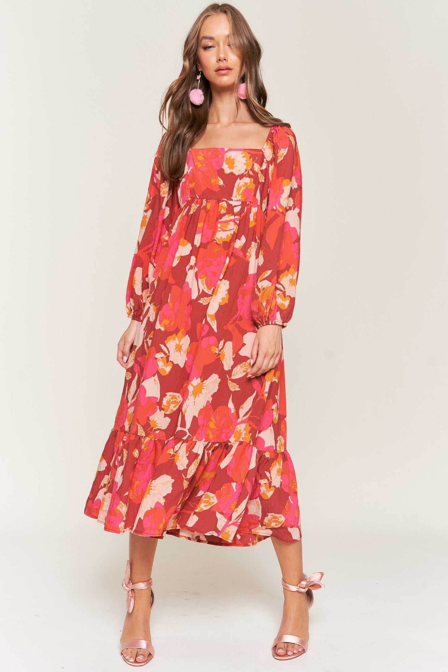 Rust Floral Square Neck Long Sleeve Midi Dress PinkBlush Rust Floral Square Neck Long Sleeve Midi Dress PinkBlush