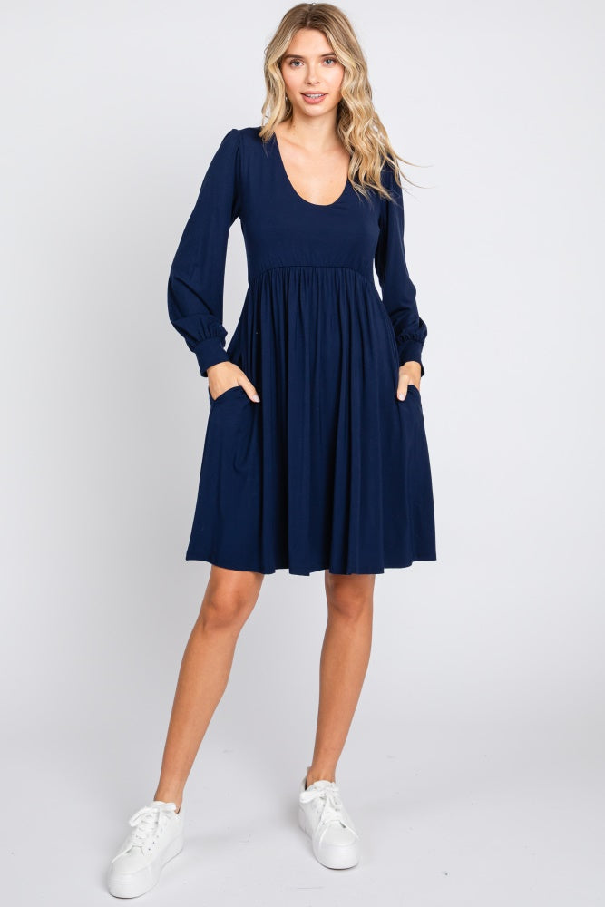 Navy Long Puff Sleeve Maternity Dress