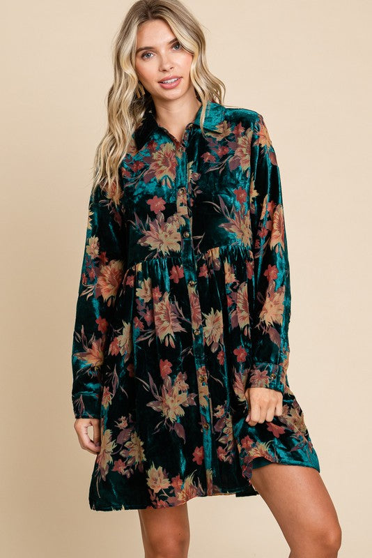 Forest Green Velvet Floral Burnout Button Front Long Sleeve Dress –  PinkBlush