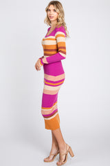 Magenta Striped Long Sleeve Midi Dress