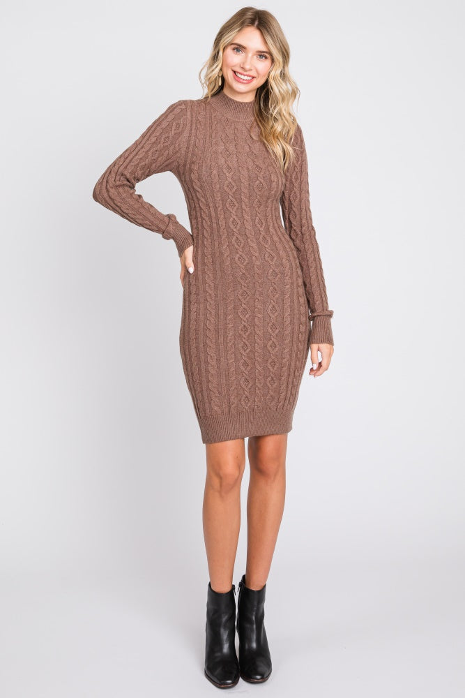 Mocha Cable Knit Mock Neck Long Sleeve Sweater Dress Mocha Cable Knit Mock Neck Long Sleeve Sweater Dress