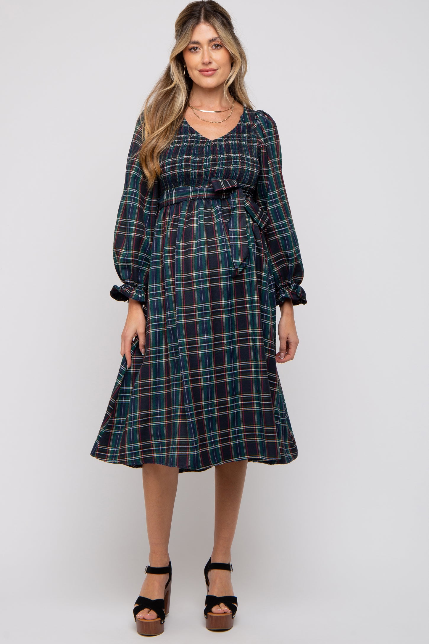 Forest Green Plaid Smocked A-Line Maternity Midi Dress