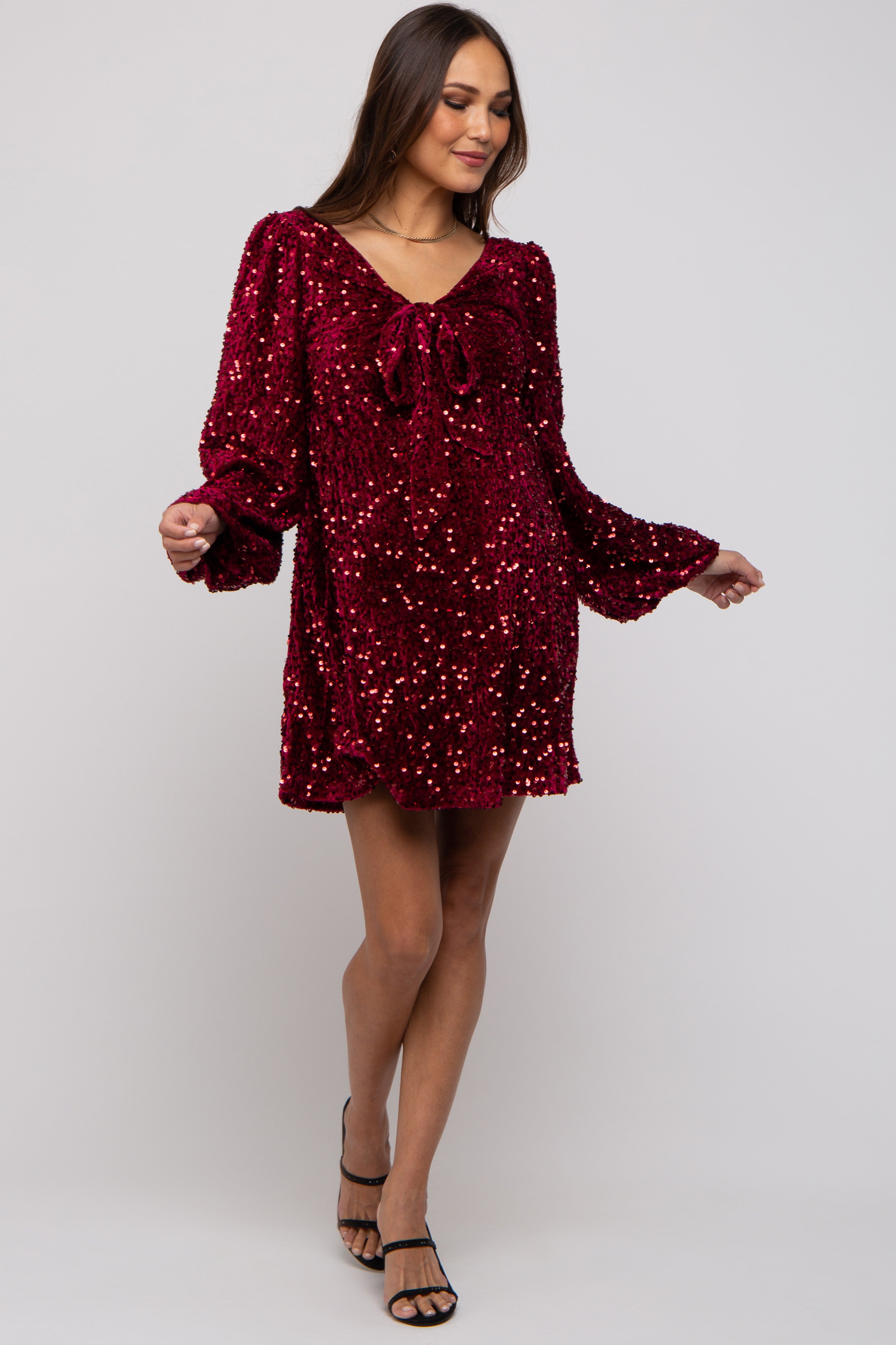 chinese dress ladies Sparkly V-Neck Long Sleeves Fully Sequin Party Prom Dress Burgundy / US 8