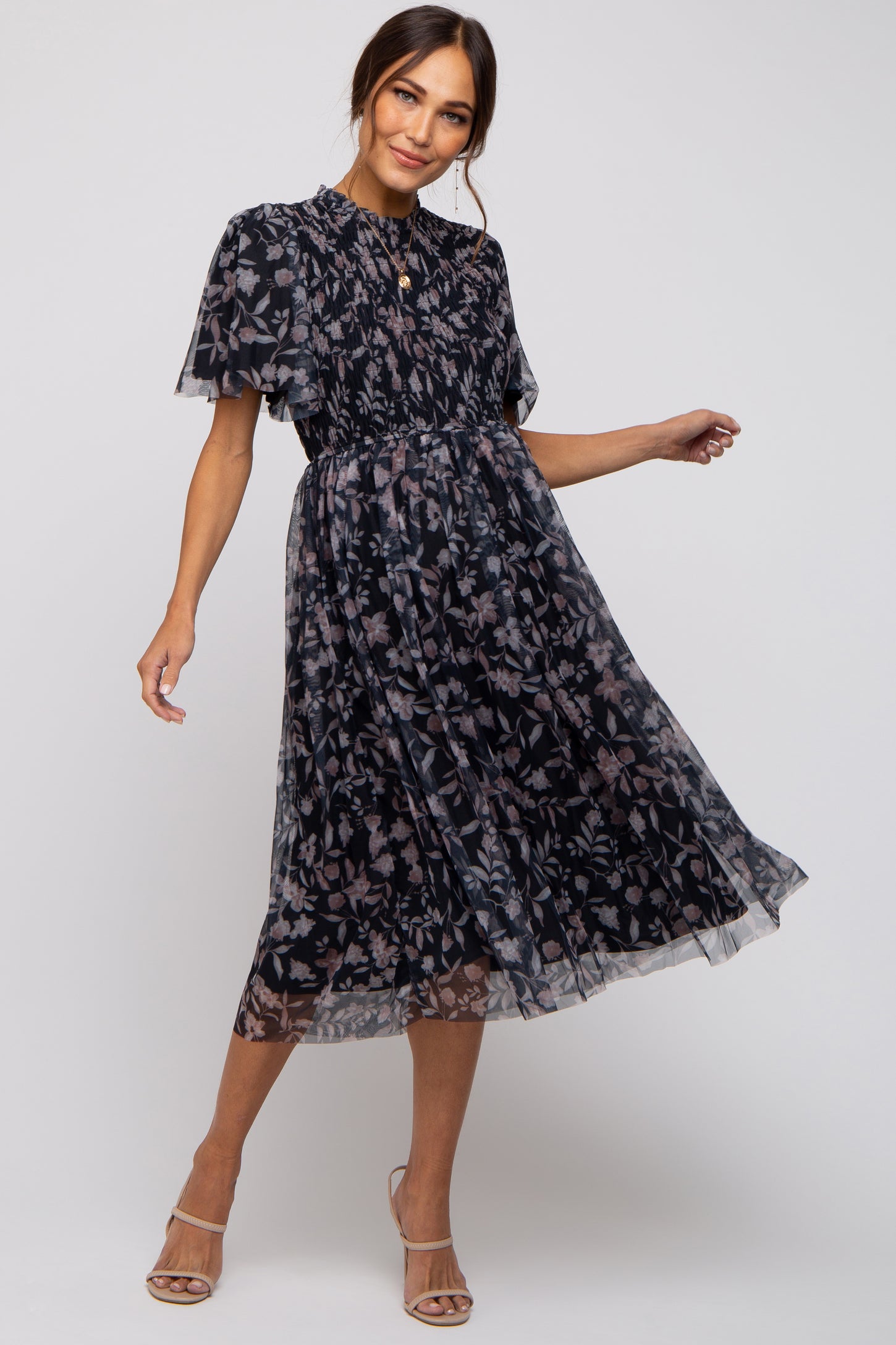 PinkBlush Black Floral Smocked Mesh Knit Maternity Midi Dress XL