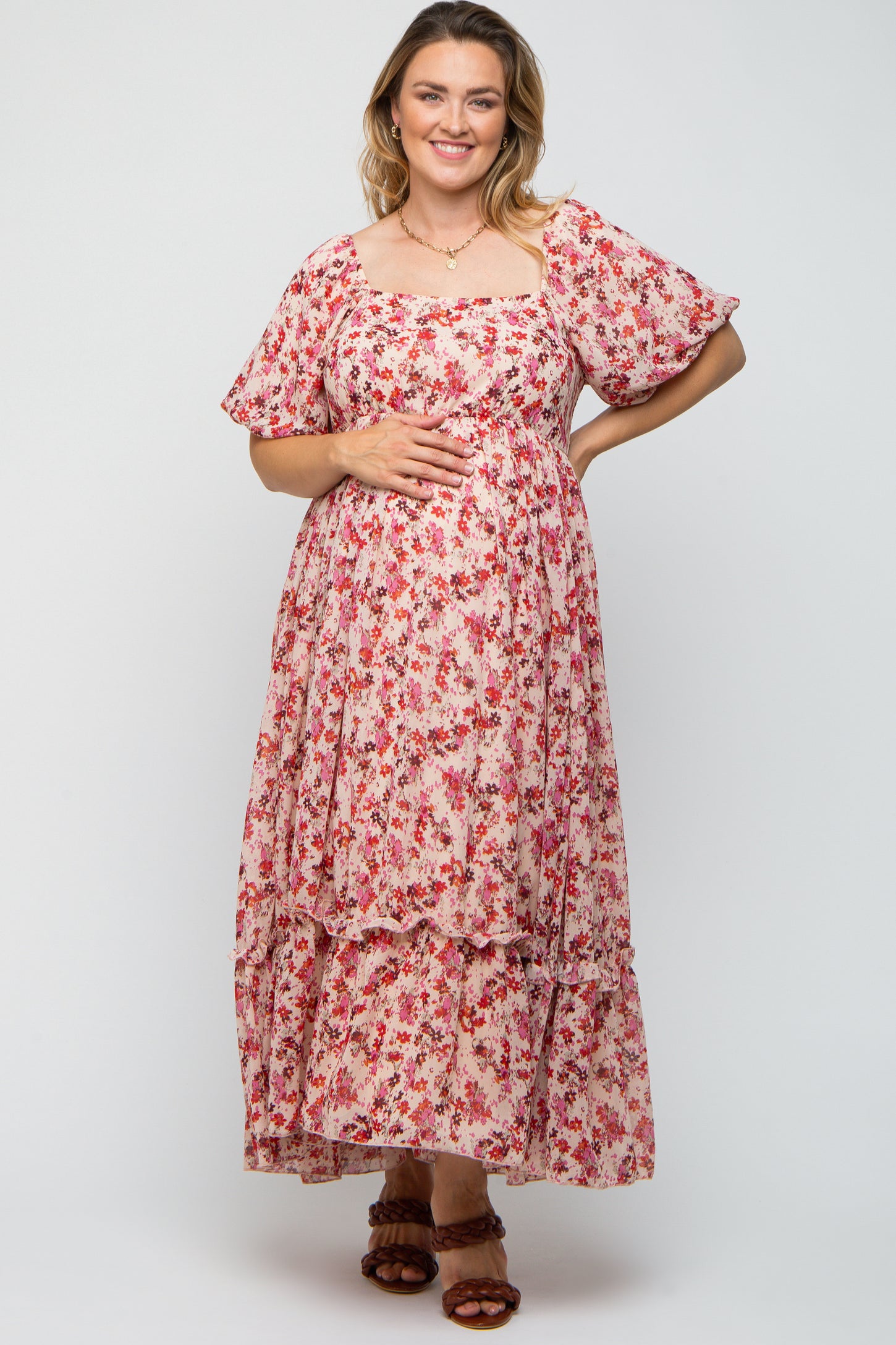 Pink Floral Puff Sleeve Maternity Plus Maxi Dress