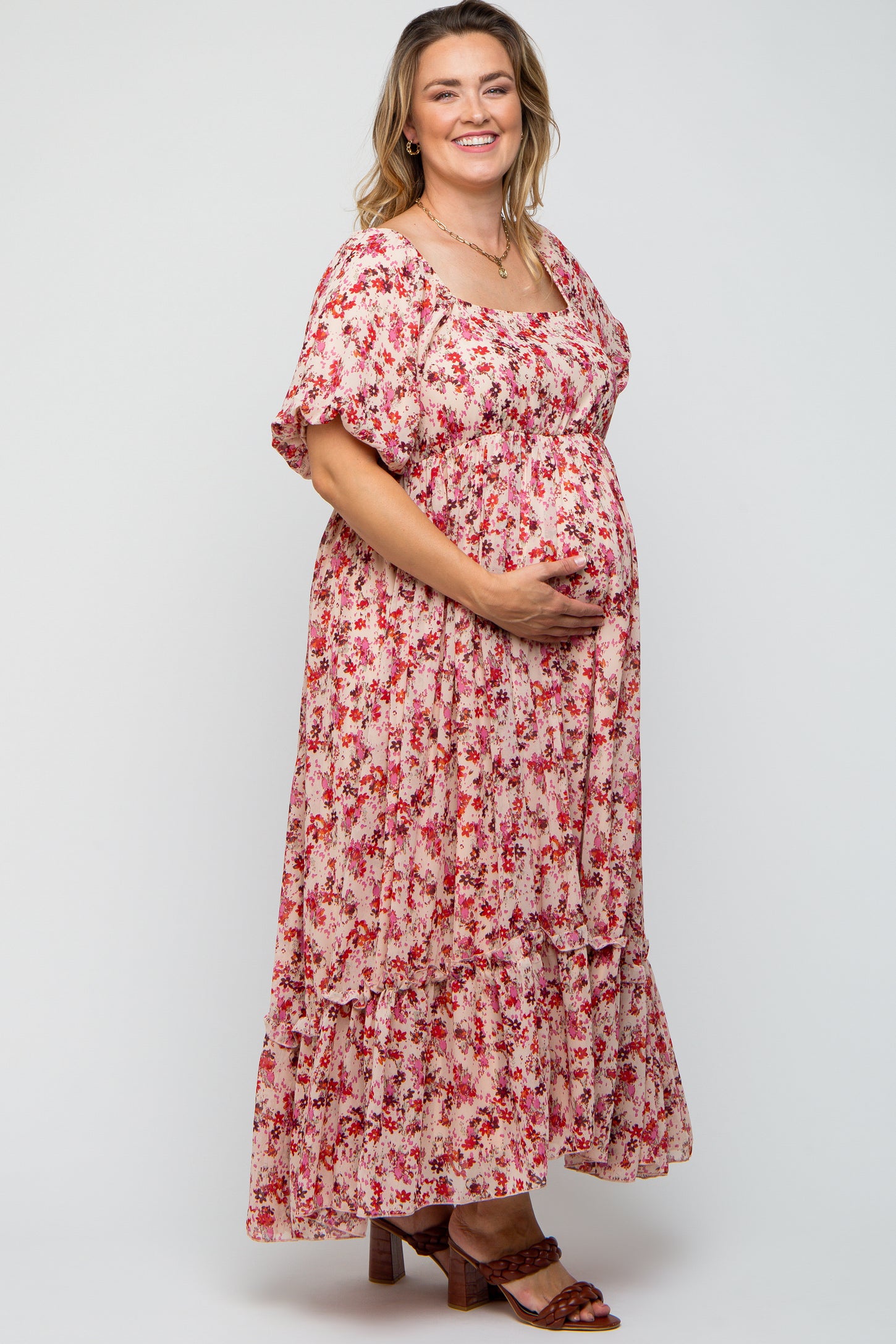 pink floral puff sleeve maternity maxi dress Pink Floral Puff Sleeve Maternity Maxi Dress Small