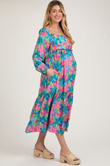 Blue Floral Long Sleeve Maternity Midi Dress