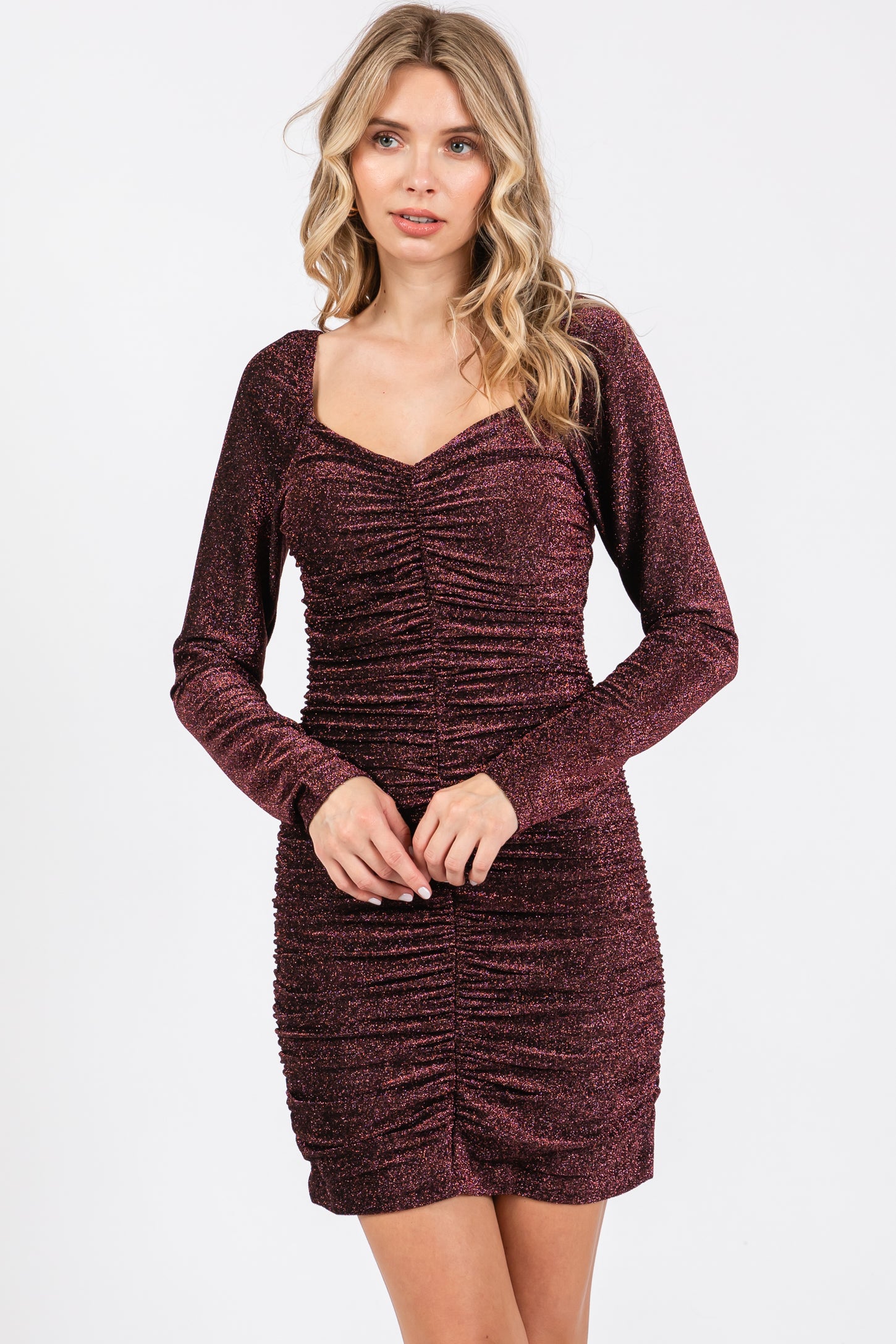 Black Burgundy Glitter Ruched Fitted Dress Black Burgundy Glitter Ruched Fitted Dress