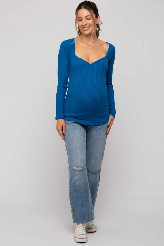 Blue Ribbed Sweetheart Neck Long Sleeve Maternity Top