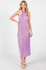 Lavender Knot Front Plisse Halter Maternity Midi Dress