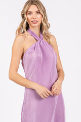 Lavender Knot Front Plisse Halter Midi Dress