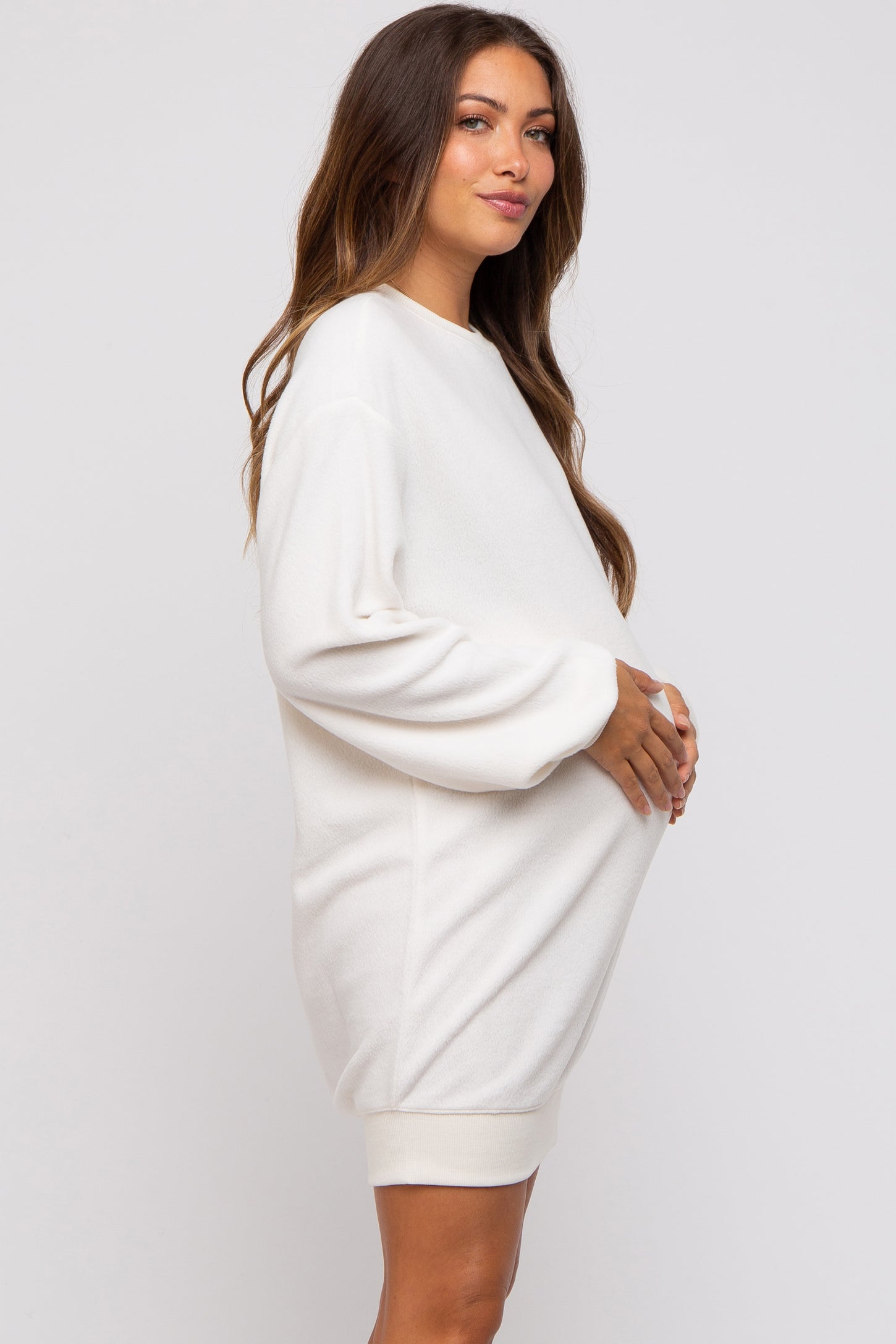 Cream Fleece Oversized Maternity Sweatshirt Mini Dress