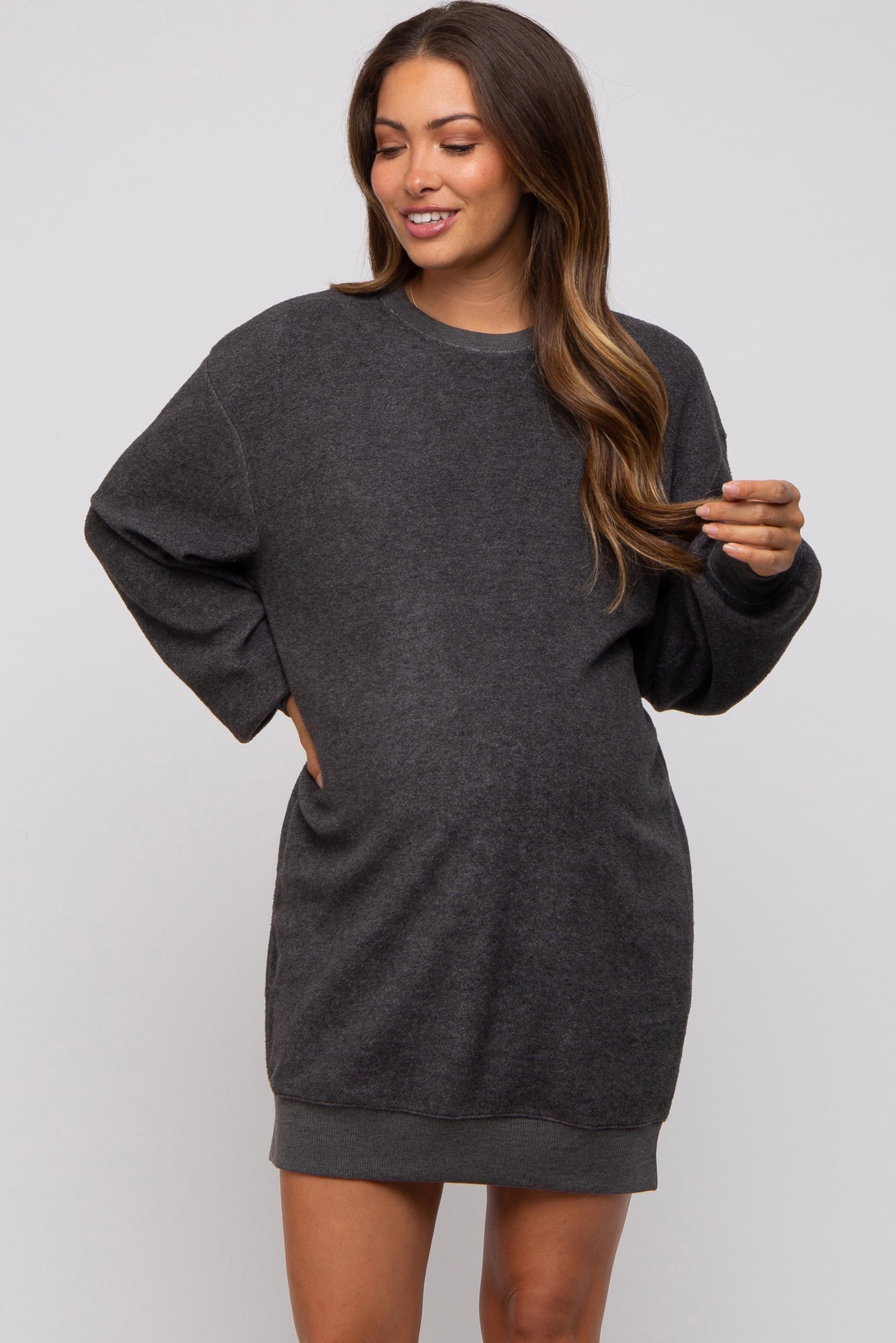 Charcoal Fleece Oversized Maternity Sweatshirt Mini Dress PinkBlush Charcoal Fleece Oversized Maternity Sweatshirt Mini Dress PinkBlush