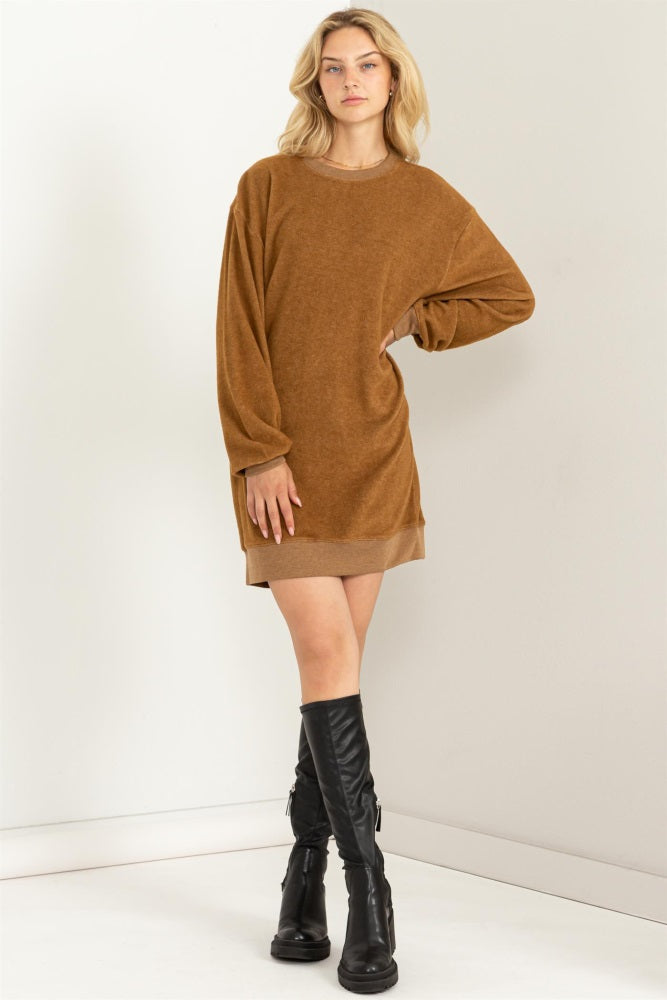 sweatshirt mini dress AKOEE Baggy Long Sleeve Hoodie Sweatshirt Mini Dress Pleated Plain Cute Pullover Hooded Fall Sports Babydoll Short Dress (X-Large, Beige), Women's,