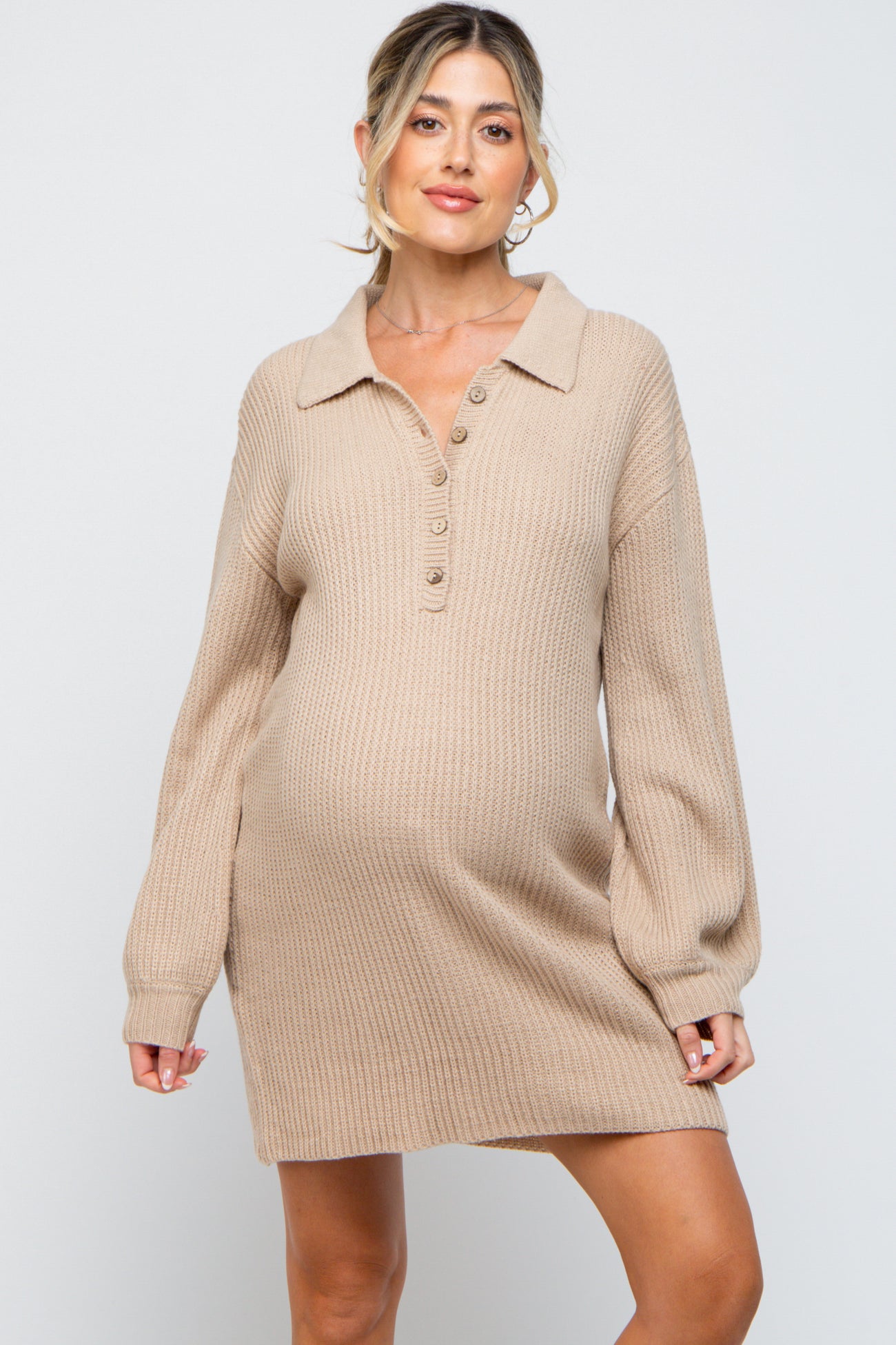Beige Collared Button Front Maternity Sweater Dress PinkBlush Beige Collared Button Front Maternity Sweater Dress PinkBlush
