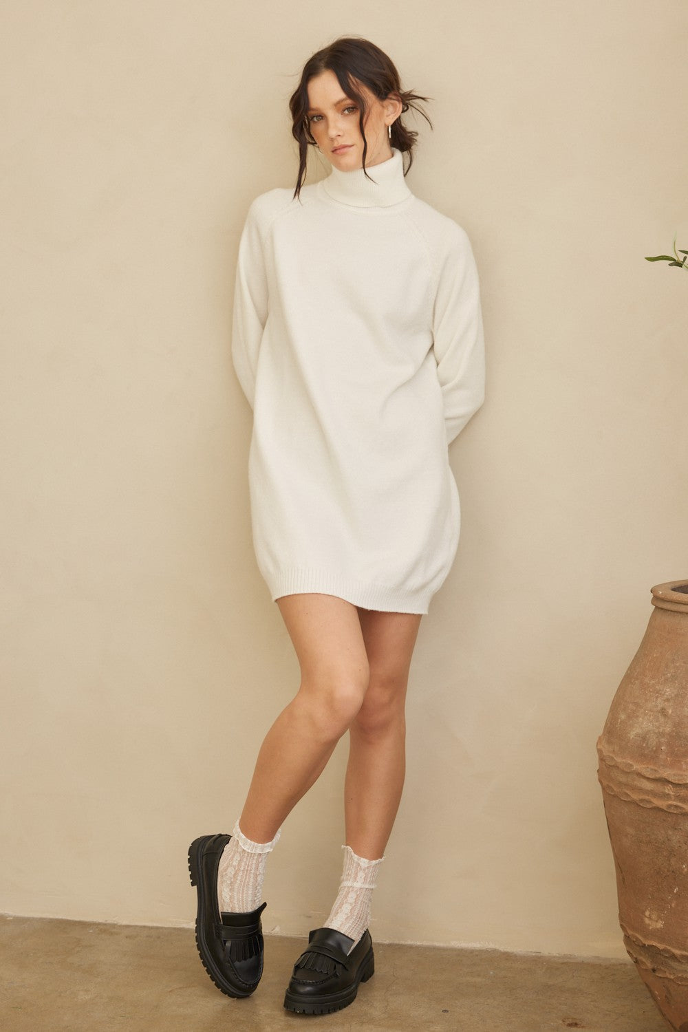 White Turtleneck Sweater Dress Cream Roll Neck Dress Chunky Cable