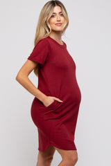 Burgundy French Terry Cuffed Short Sleeve Maternity Dress
