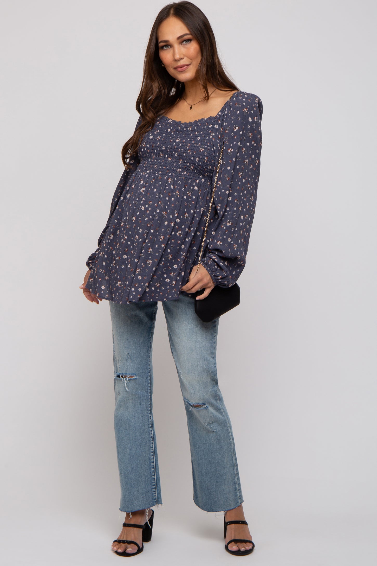 Navy Floral Smocked Long Sleeve Maternity Top