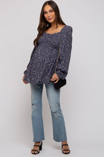 Navy Floral Smocked Long Sleeve Maternity Top