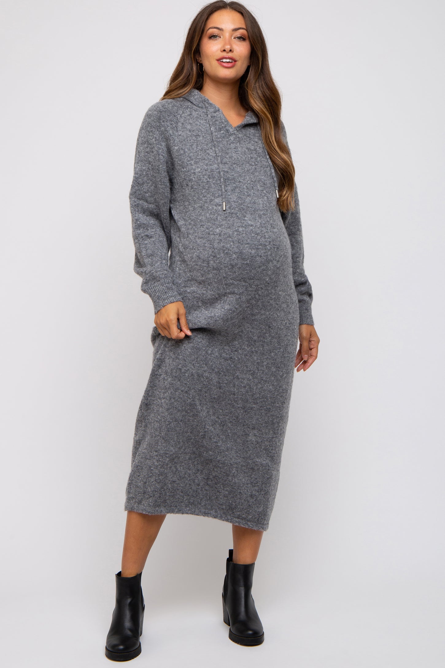 Charcoal Grey Hooded Maternity Sweater Midi Dress Charcoal Grey Hooded Maternity Sweater Midi Dress