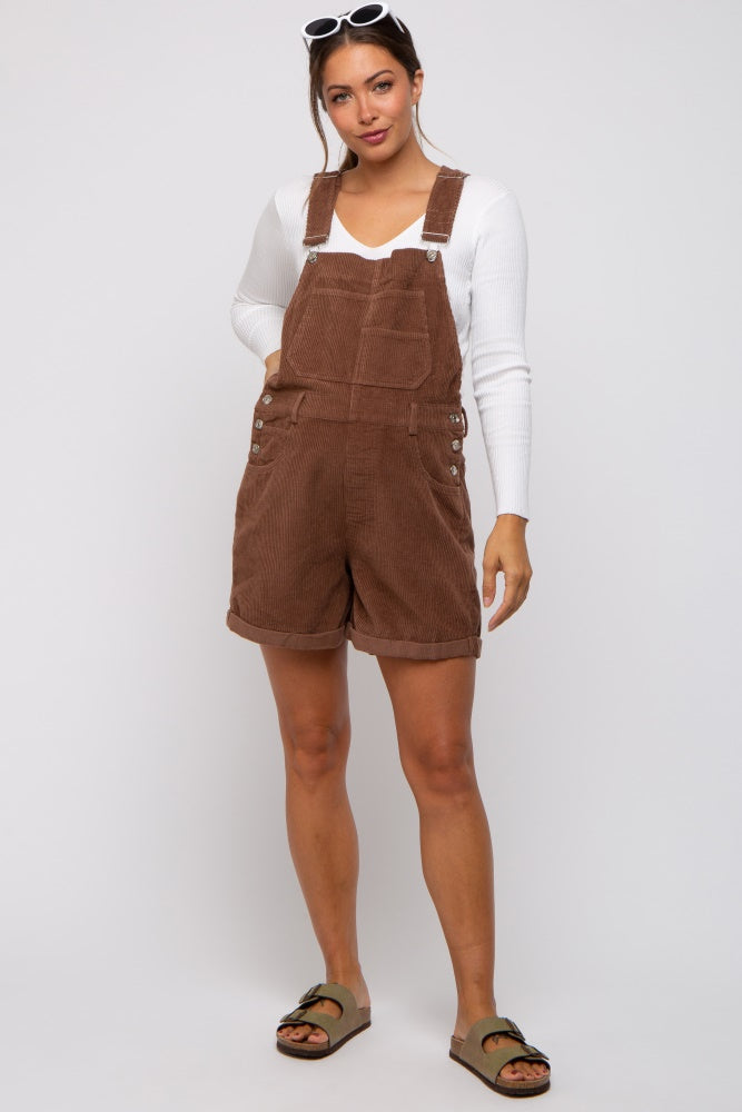 Post Overalls ベイカーショーツ：サマーコード・チョコブラウン Mocha Corduroy Maternity Short Overalls – PinkBlush