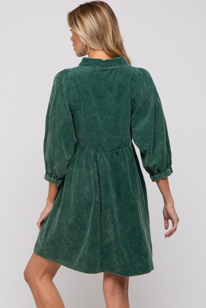 Green Corduroy Button Down Collared Maternity Dress Green Corduroy Button Down Collared Maternity Dress
