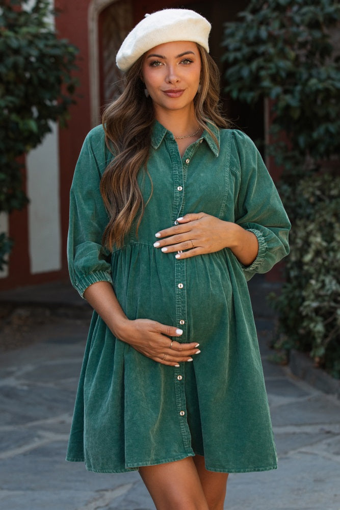 Green Corduroy Button Down Collared Maternity Dress Large