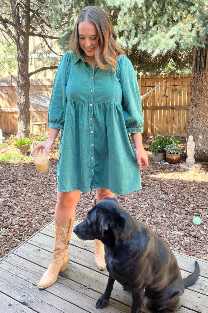Green Corduroy Button Down Collared Dress Green Corduroy Button Down Collared Dress