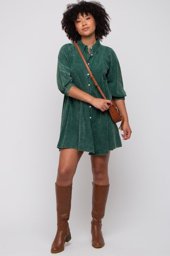 Green Corduroy Button Down Collared Dress Green Corduroy Button Down Collared Dress