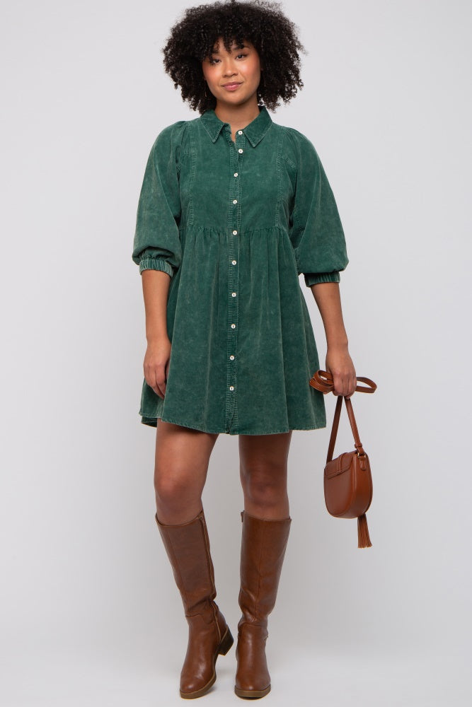 Green Corduroy Button Down Collared Dress Green Corduroy Button Down Collared Dress