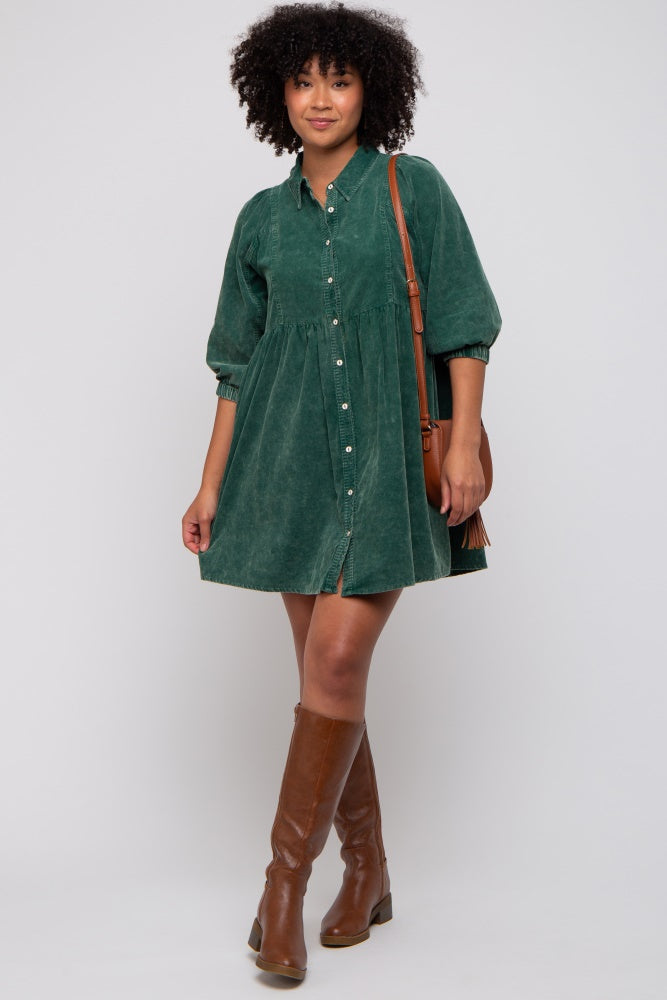 Green Corduroy Button Down Collared Dress  PinkBlush
