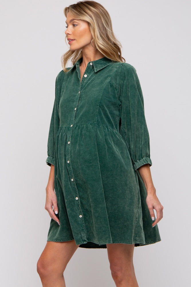 Green Corduroy Button Down Collared Maternity Dress Green Corduroy Button Down Collared Maternity Dress