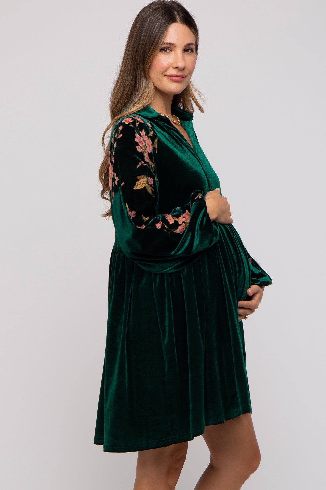 Forest Green Velvet Floral Long Sleeve Maternity Dress PinkBlush Forest Green Velvet Floral Long Sleeve Maternity Dress PinkBlush