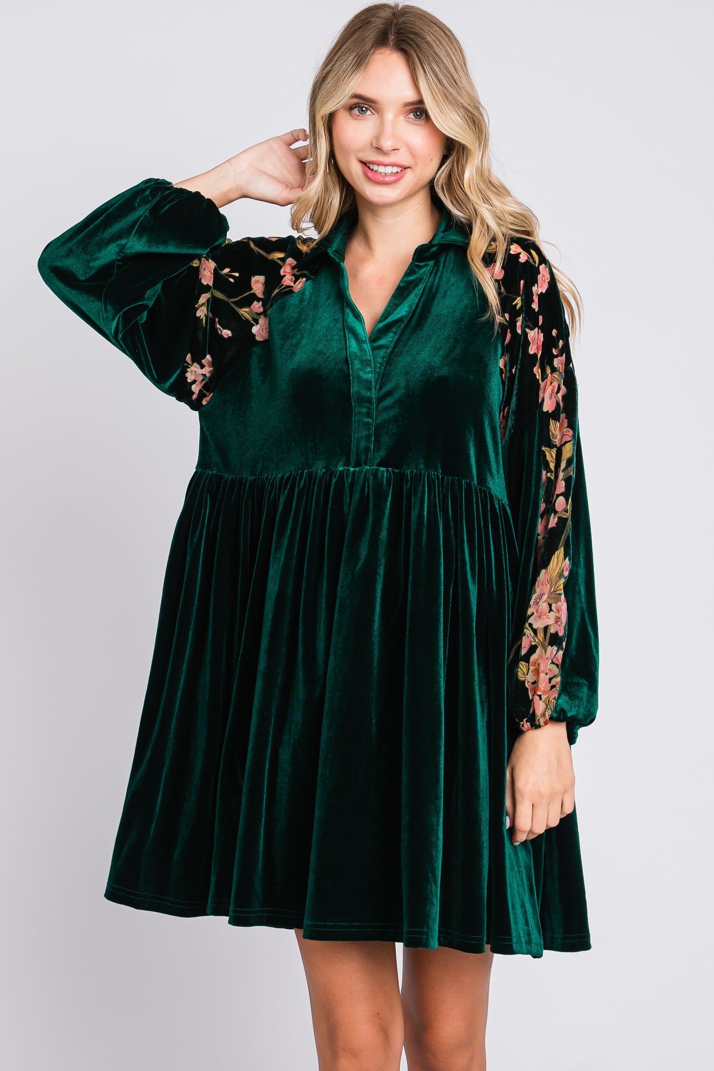 Forest Green Velvet Floral Long Sleeve Dress PinkBlush Forest Green Velvet Floral Long Sleeve Dress PinkBlush