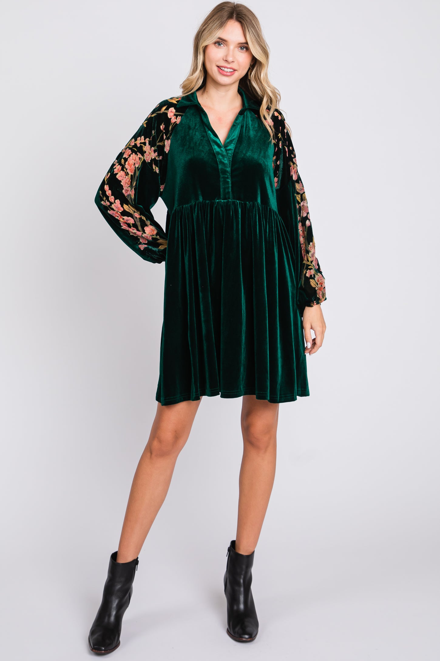 Forest Green Velvet Floral Long Sleeve Maternity Dress PinkBlush Forest Green Velvet Floral Long Sleeve Maternity Dress PinkBlush