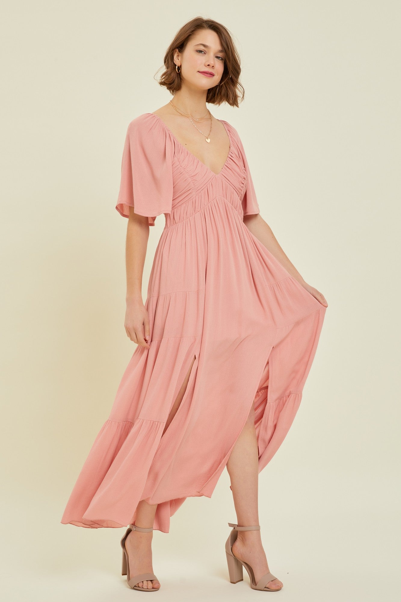 strapless open back dress Felicity Pink Pearl Strap Ruffle Maxi Dress main image 0